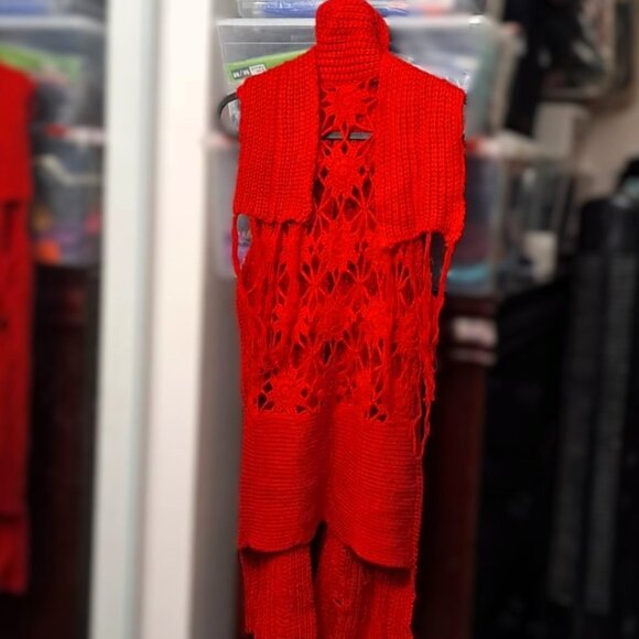Red Knitted Cardigan Vest Sweater with Crochet Detail - Picture 8 of 9